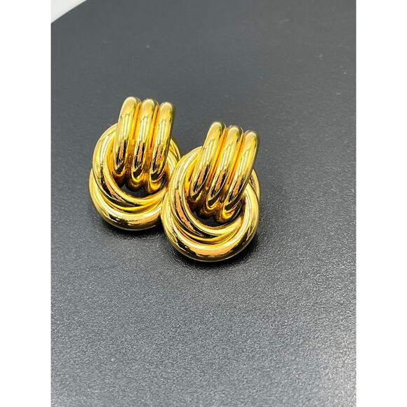 Chunky Intertwined Woven Love Knot. Gold Pierced Door knocker Earrings - Picture 4 of 8